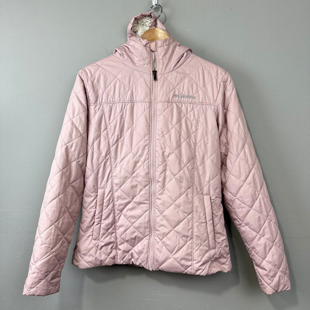Champion Hooded Faux Fur Lined Jacket Size M Muted Pink Quilted Full Zip Flaws
